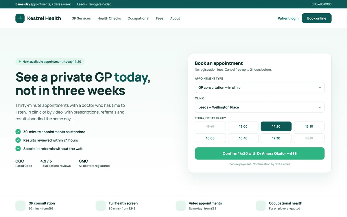Kestrel Health private GP clinic booking site